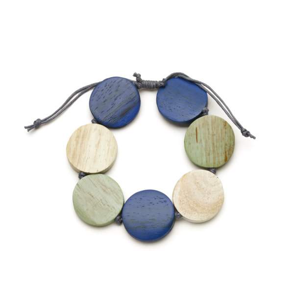 Suzie Blue Adjustable Wooden Disc Bracelet in Olive Mint and Blue