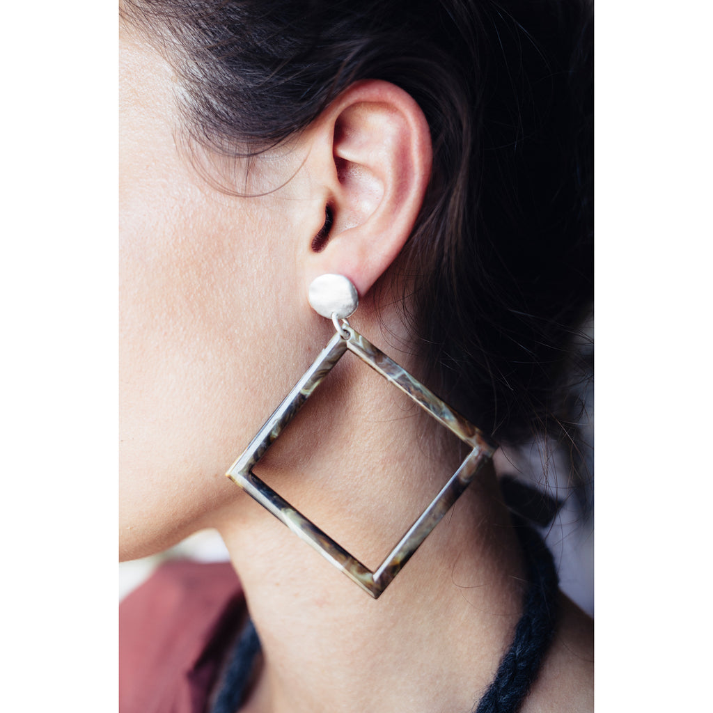 Identity Acrylic Square Earrings Matte Silver and Taupe