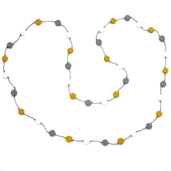 Long Resin Disc Necklace Mustard, Grey and White