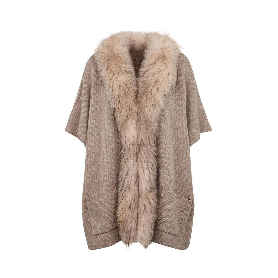 Nina Fur and Knit Poncho in Beige