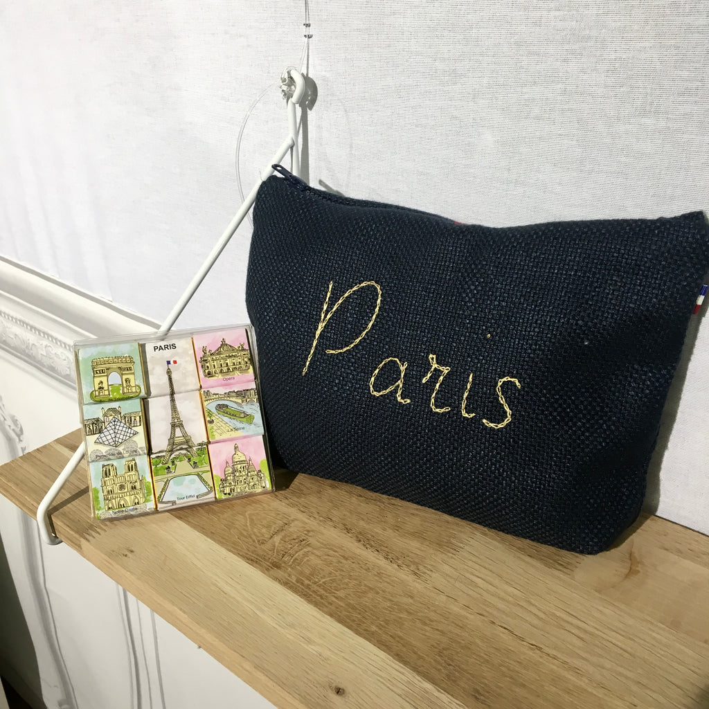 Linen Paris Cosmetic Pouch in Navy with Gold Writing