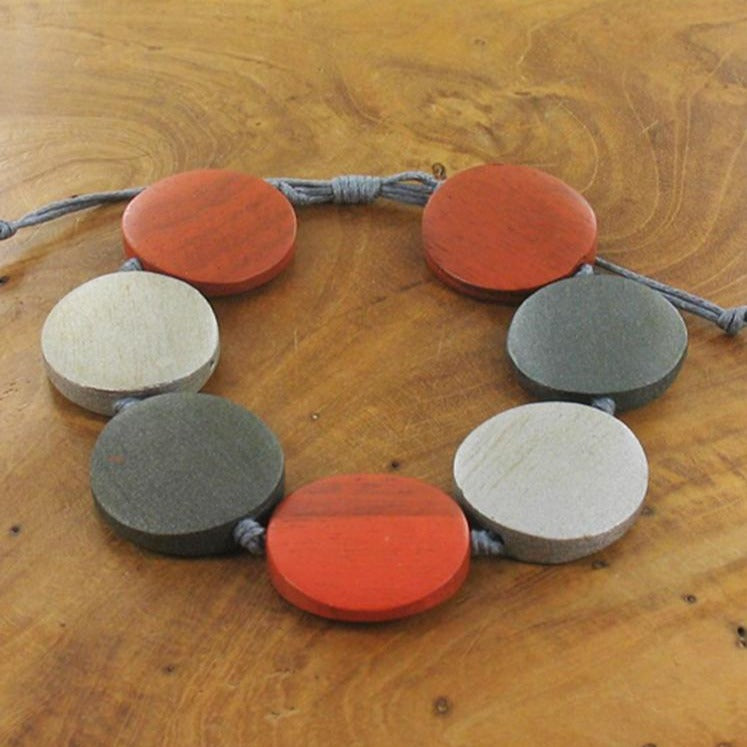 Adjustable Wooden Disc Bracelet Orange and Grey