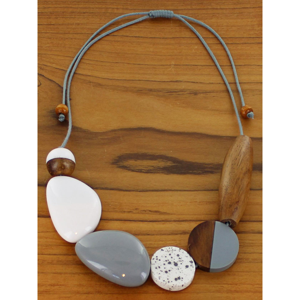 Mixed Shape Wood and Resin Necklace in Grey and White