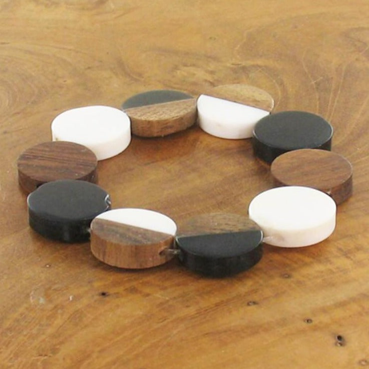 Wood and Resin Disc Bracelet in Black and White
