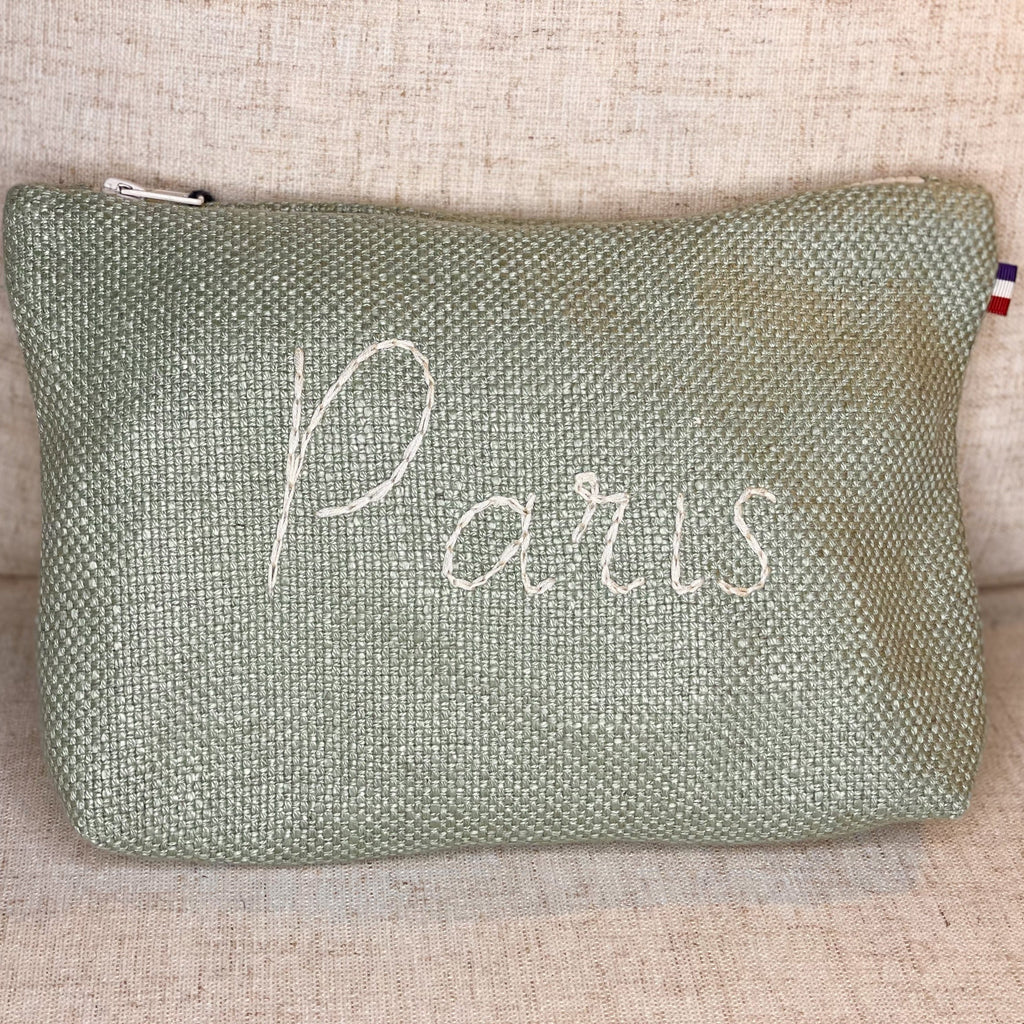 Linen Paris Cosmetic Pouch in Sage Green with Cream