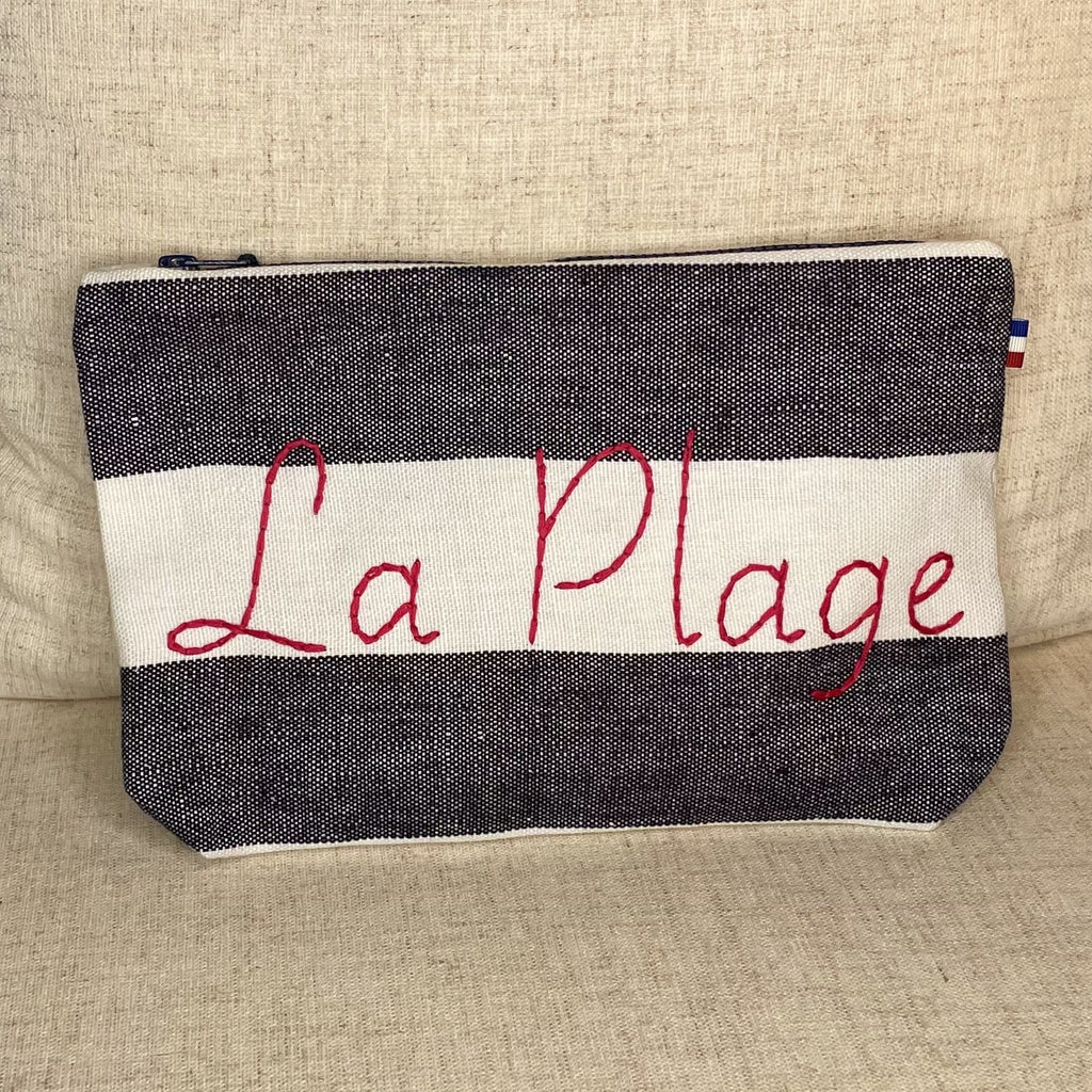 Linen Paris Cosmetic Pouch Striped Navy and White with Fuchsia