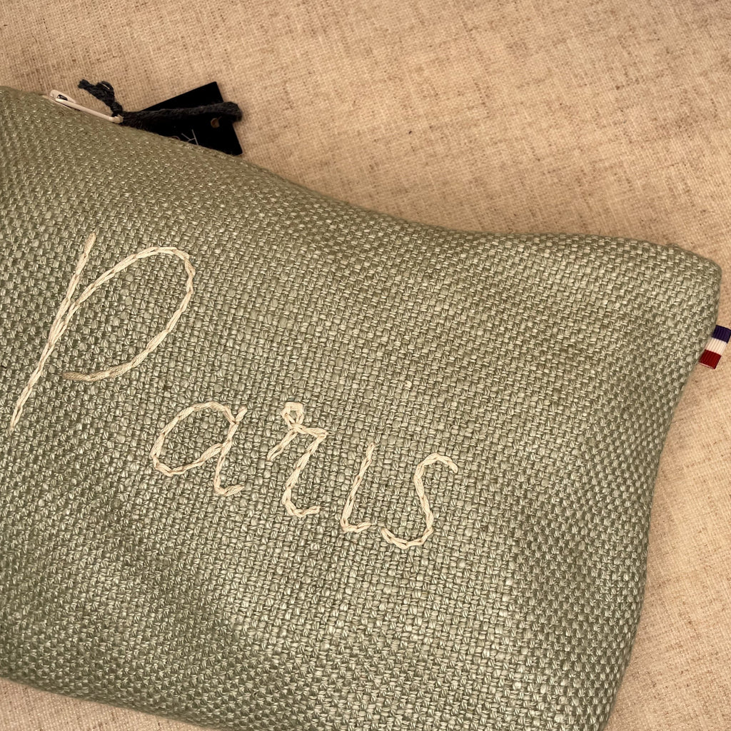 Linen Paris Cosmetic Pouch in Sage Green with Cream
